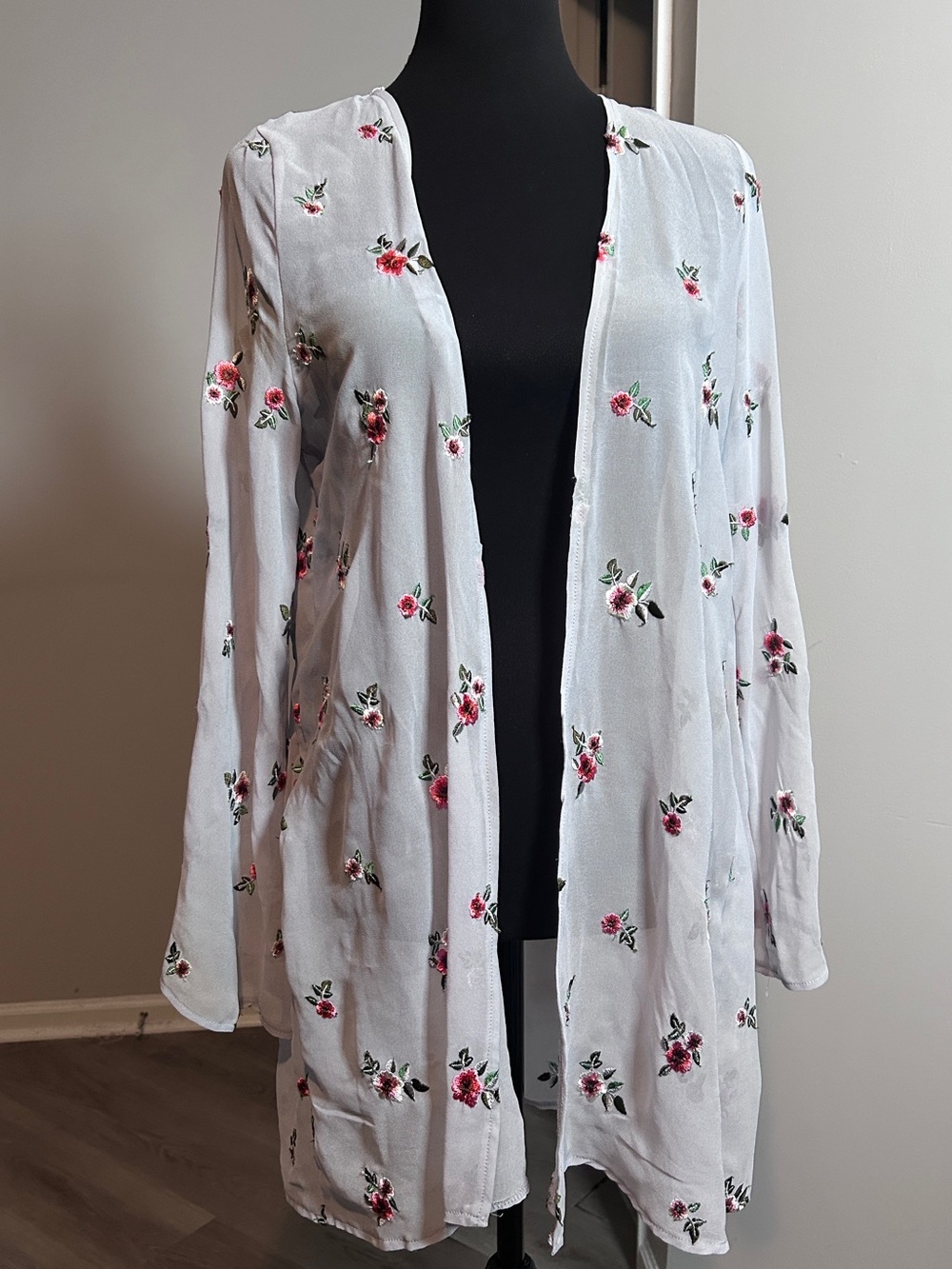 Floral Embroidered Sheer Open Front Kimono Cardigan Cover Up One Size